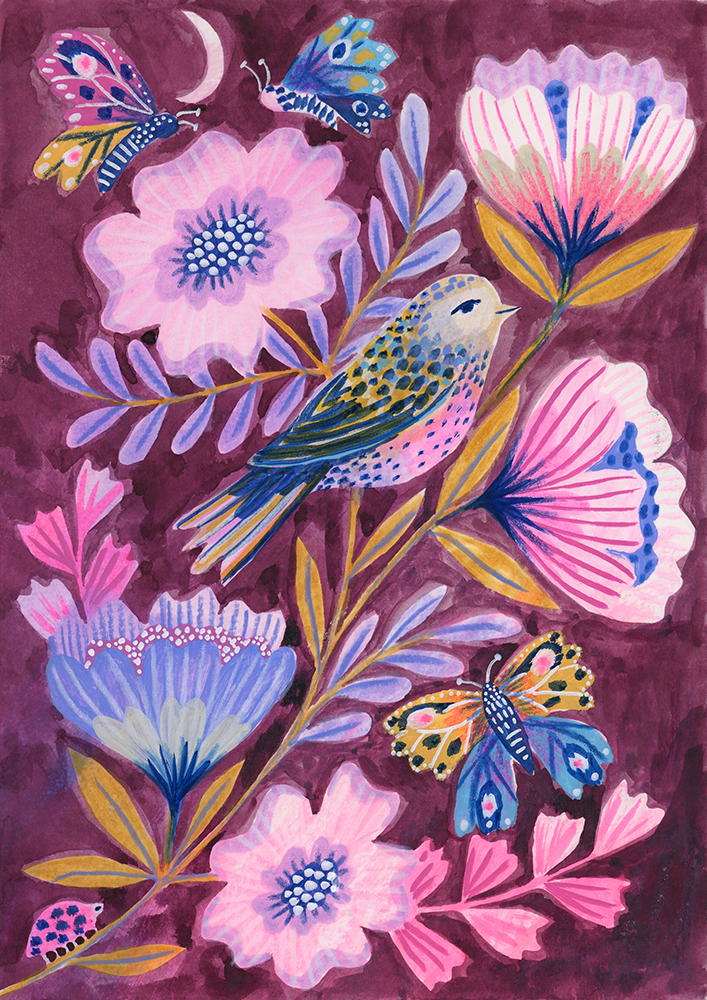 Purple Bird and Wild Roses · Lee Foster-Wilson
